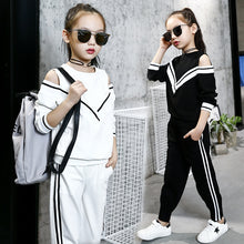 Load image into Gallery viewer, Fashion Big Girls Sports Suits Off Shoulder Black and White Clothing Set for Teenage Autumn Tracksuit Kids Plus Size Sportswear