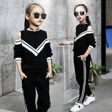Load image into Gallery viewer, Fashion Big Girls Sports Suits Off Shoulder Black and White Clothing Set for Teenage Autumn Tracksuit Kids Plus Size Sportswear