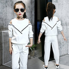 Load image into Gallery viewer, Fashion Big Girls Sports Suits Off Shoulder Black and White Clothing Set for Teenage Autumn Tracksuit Kids Plus Size Sportswear