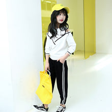 Load image into Gallery viewer, Fashion Big Girls Sports Suits Off Shoulder Black and White Clothing Set for Teenage Autumn Tracksuit Kids Plus Size Sportswear