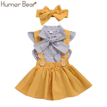 Load image into Gallery viewer, Humor Bear Baby Girls Clothes Sets 2019 Summer Dot flying sleeve top+strap dress+Headband 3-piece kids Children's Clothing Suit