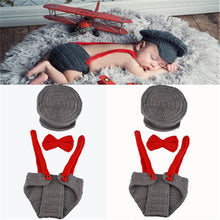 Load image into Gallery viewer, Cute! Hat Suspender Pants Set Handmade Infant Baby Photo Costume Crochet Newborn Baby Photo props accessories