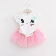 Load image into Gallery viewer, Girls 2019 Summer New Baby Girls Clothing Sets Fashion Style Cartoon Kitten Printed T-Shirts+Net Veil Dress 2Pcs Girls Clothes