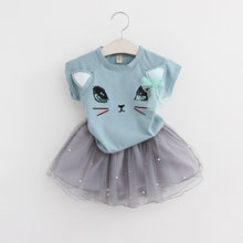 Load image into Gallery viewer, Girls 2019 Summer New Baby Girls Clothing Sets Fashion Style Cartoon Kitten Printed T-Shirts+Net Veil Dress 2Pcs Girls Clothes