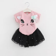 Load image into Gallery viewer, Girls 2019 Summer New Baby Girls Clothing Sets Fashion Style Cartoon Kitten Printed T-Shirts+Net Veil Dress 2Pcs Girls Clothes