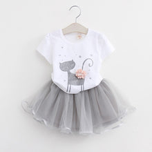 Load image into Gallery viewer, Girls 2019 Summer New Baby Girls Clothing Sets Fashion Style Cartoon Kitten Printed T-Shirts+Net Veil Dress 2Pcs Girls Clothes