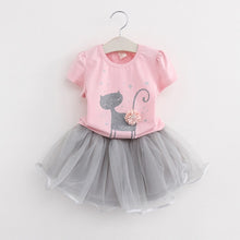 Load image into Gallery viewer, Girls 2019 Summer New Baby Girls Clothing Sets Fashion Style Cartoon Kitten Printed T-Shirts+Net Veil Dress 2Pcs Girls Clothes