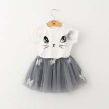 Load image into Gallery viewer, Girls 2019 Summer New Baby Girls Clothing Sets Fashion Style Cartoon Kitten Printed T-Shirts+Net Veil Dress 2Pcs Girls Clothes