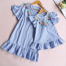 Load image into Gallery viewer, Summer Girls Tassel Flying Sleeve Dresses Casual Blue Stripe Daughter Mother O-Neck Tops Sundress Family Matching Clothes