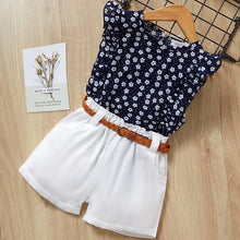 Load image into Gallery viewer, Girls Suits 2019 Summer Style Kids Beautiful Floral Flower Sleeve Children O-neck Clothing Shorts Suit With Belt 2Pcs Clothes