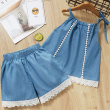 Load image into Gallery viewer, Girls Suits 2019 Summer Style Kids Beautiful Floral Flower Sleeve Children O-neck Clothing Shorts Suit With Belt 2Pcs Clothes