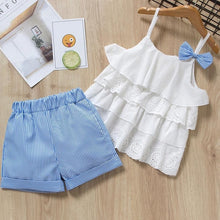Load image into Gallery viewer, Girls Suits 2019 Summer Style Kids Beautiful Floral Flower Sleeve Children O-neck Clothing Shorts Suit With Belt 2Pcs Clothes
