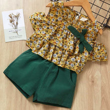 Load image into Gallery viewer, Girls Suits 2019 Summer Style Kids Beautiful Floral Flower Sleeve Children O-neck Clothing Shorts Suit With Belt 2Pcs Clothes