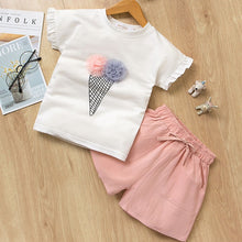Load image into Gallery viewer, Girls Suits 2019 Summer Style Kids Beautiful Floral Flower Sleeve Children O-neck Clothing Shorts Suit With Belt 2Pcs Clothes