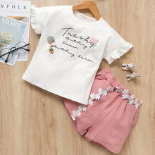 Load image into Gallery viewer, Girls Suits 2019 Summer Style Kids Beautiful Floral Flower Sleeve Children O-neck Clothing Shorts Suit With Belt 2Pcs Clothes