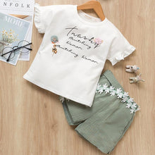 Load image into Gallery viewer, Girls Suits 2019 Summer Style Kids Beautiful Floral Flower Sleeve Children O-neck Clothing Shorts Suit With Belt 2Pcs Clothes