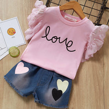 Load image into Gallery viewer, Girls Suits 2019 Summer Style Kids Beautiful Floral Flower Sleeve Children O-neck Clothing Shorts Suit With Belt 2Pcs Clothes