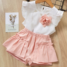 Load image into Gallery viewer, Girls Suits 2019 Summer Style Kids Beautiful Floral Flower Sleeve Children O-neck Clothing Shorts Suit With Belt 2Pcs Clothes