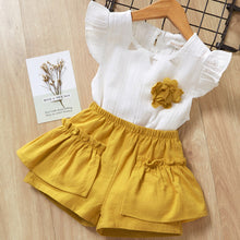 Load image into Gallery viewer, Girls Suits 2019 Summer Style Kids Beautiful Floral Flower Sleeve Children O-neck Clothing Shorts Suit With Belt 2Pcs Clothes
