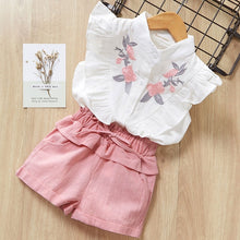 Load image into Gallery viewer, Girls Suits 2019 Summer Style Kids Beautiful Floral Flower Sleeve Children O-neck Clothing Shorts Suit With Belt 2Pcs Clothes