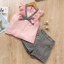 Load image into Gallery viewer, Girls Suits 2019 Summer Style Kids Beautiful Floral Flower Sleeve Children O-neck Clothing Shorts Suit With Belt 2Pcs Clothes