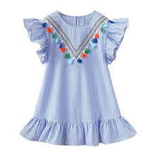 Load image into Gallery viewer, Summer Girls Tassel Flying Sleeve Dresses Casual Blue Stripe Daughter Mother O-Neck Tops Sundress Family Matching Clothes