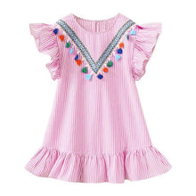 Load image into Gallery viewer, Summer Girls Tassel Flying Sleeve Dresses Casual Blue Stripe Daughter Mother O-Neck Tops Sundress Family Matching Clothes